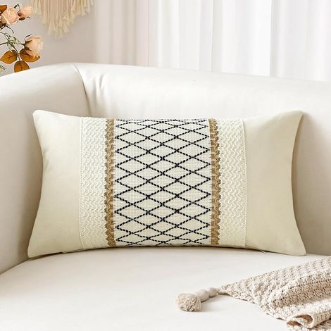JSSEVN - Bohemian lumbar cushion cover 30 x 50 cm in cotton and textured jute canvas with woven stripes in a bohemian style, beige and black grid, 2 pieces (1/5)