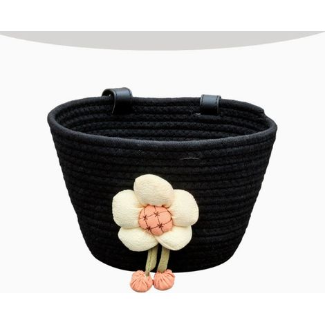 Hrippy Panier de vélo tressé en corde de coton, panier de rangement pour guidon, jolis accessoires pour vélo, scooter, vélo pour enfants, draisienne,noir