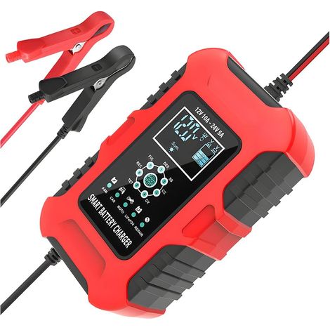 Chargeur de batterie 10 A, chargeur de maintien de charge automatique intelligent 12 V/10 A 24 V/5 A, chargeur de batterie au plomb-acide AGM LiFePO4 à 7 étapes pour voitures, motos et bateaux