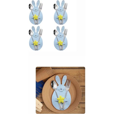 Lot de 4 housses de couverts de Pâques - Motif lapin - Décoration de table - Accessoire de fête (1/4)