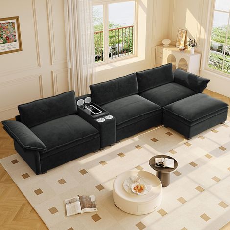 Canapé d’Angle Modulable 4 Places Chenille 315cm - Canapé Convertible avec Pouf, Chargeur Induction, Enceinte Bluetooth, LED et Coffre - Noir (1/5)
