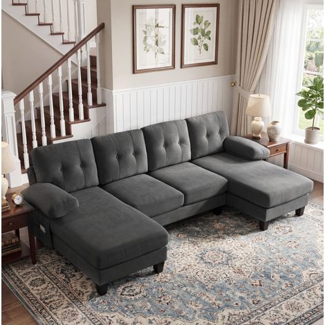 Canape U 4 places double chaise chenille gris OKMYHOME (1/5)