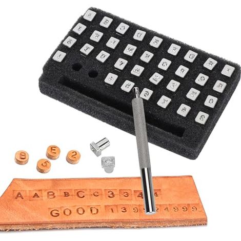37 Pièces Kit d'Estampage Cuir, Poincon Alphabet Metal Acier Argenté (26 Lettres + 10 Chiffres), avec Poignée d'Impression, Lettre a Frapper pour Maroquinerie et Artisanat DIY (1/5)