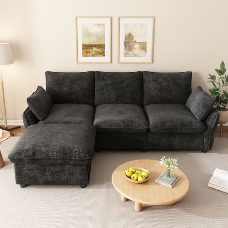 Canapé d'angle modulable 3 places 222,5x154,5x76,5 cm,pouf amovible,2 coussins,assise en mousse haute résilience,chenille,gris foncé (1/5)