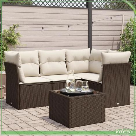 Salon de jardin - 3249432 - Résine tressée marron - Coussins déhoussables blanc crème - Rangement avec sac étanche (1/3)
