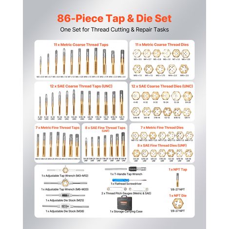 Coffret de Tarauds et Filières, 86 Pcs, Kit de Taraudage et Filetage en Acier à Roulement, Métriques M3 à M12 et Tailles SAE, Filet… (1/5)