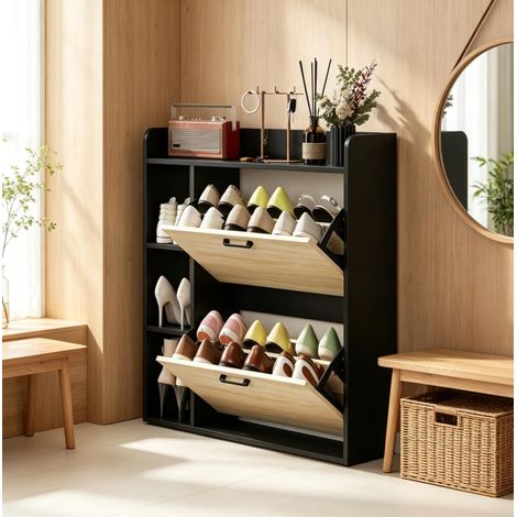 Zapatero para 15 pares 83 x 24 x 90,5 cm negro efecto madera, 2 abatibles - CHICFURN (1/5)