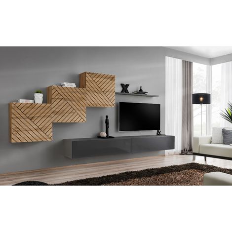 Ensemble de 6 meubles muraux "Switch X " pour TV en bois - Beige et Gris - L 330 x H 150 x P 40 cm - Livraison gratuite