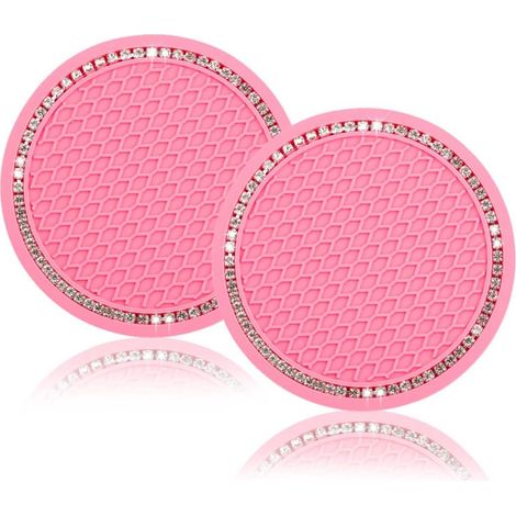 Jolis dessous de verre pour voiture - Lot de 2 dessous de verre universels - Accessoires de voiture en silicone antidérapant de 7 cm, ornés de cristaux scintillants et de diamants blancs - Pour femmes (1/5)