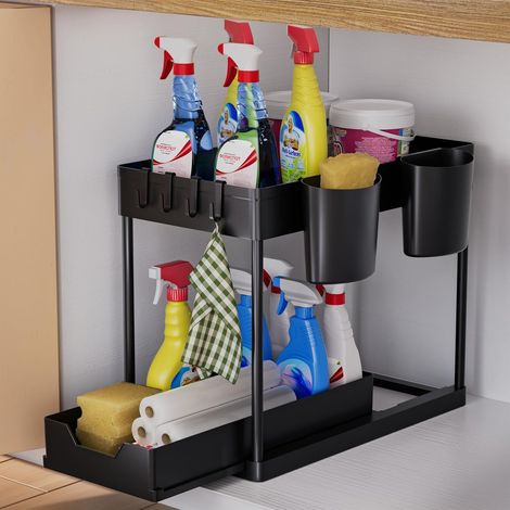 Organizer da cucina a 2 livelli, ripiano sottolavello con ganci e tazza, portaspezie, organizer per lavastoviglie, ripiano da cucina, organizer per armadietti per bagno, cucina, nero (1/5)