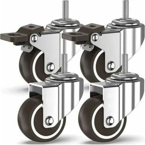 50 mm Roulettes pivotantes 4 à tiges filetées, roulettes pour meubles, roues à freins pour transport industriel de planches (avec tiges M10, 2 avec freins, 2 sans freins) (1/4)