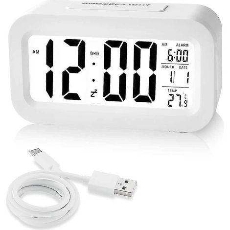 Réveil numérique rechargeable, alimenté par un moteur électrique, adapté aux tables de chevet, luminosité réglable, affichage de la date et de la température au format 12/24 heures, avec fonction snoo (1/5)