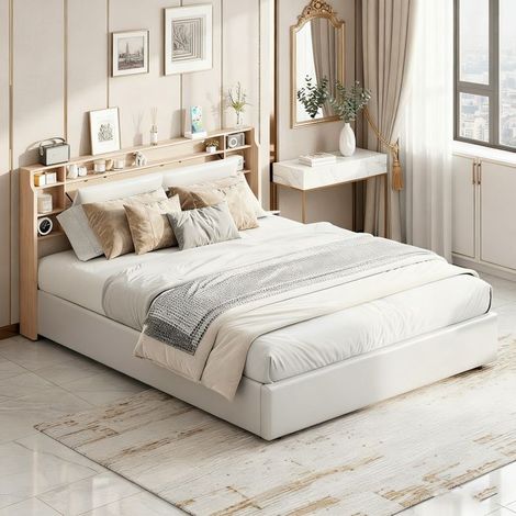 Cama 160x200 cm, LED, hidráulica, cama doble, moderna, marco de cama para adultos 160x200 cm, PU, blanco (1/5)