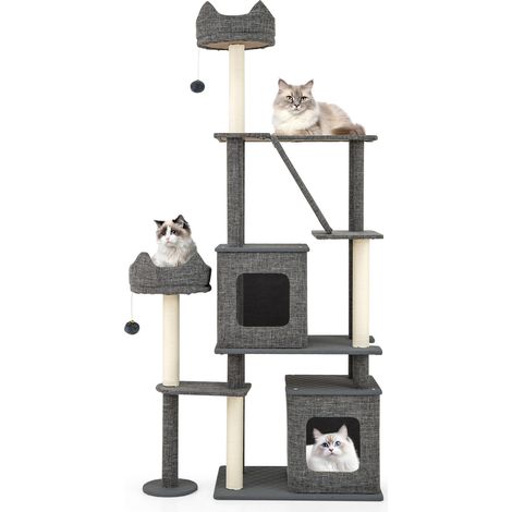 Arbre à chat gris 180 cm multi-niveaux en tissu avec niches, griffoirs en sisal et perchoir, pour salon, chambre et appartement (1/5)