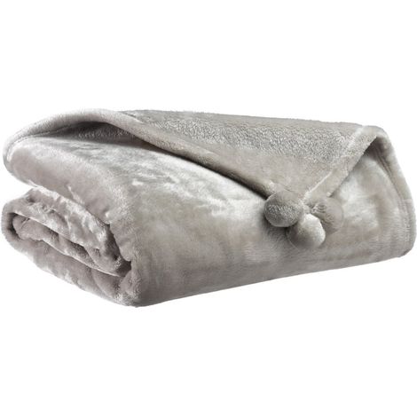 Plaid Doux à Pompons en Fausse Fourrure Polyester Coloris Perle 130 x 170 cm 350g/m² - PANGIVO (1/3)