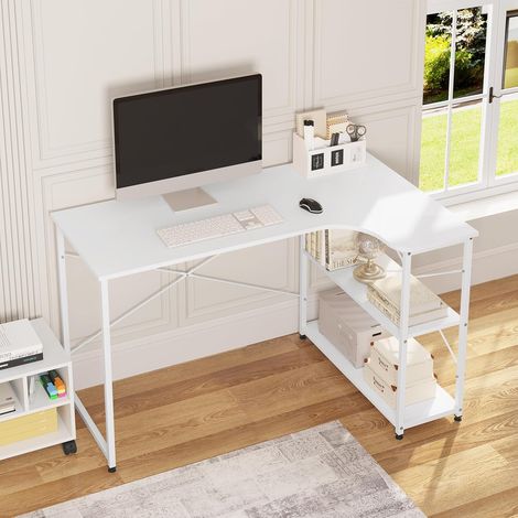 WOLTU WORK escritorio de oficina moderno en forma de L con 2 estantes, en madera y acero, blanco