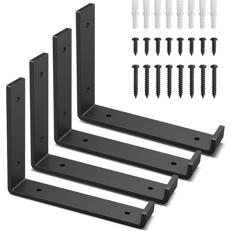 Juego de 4 soportes metálicos resistentes para estantes (en forma de J con borde) para estanterías abiertas de bricolaje, estilo industrial rústico, soporte de pared flotante en forma de L, color negr (1/5)