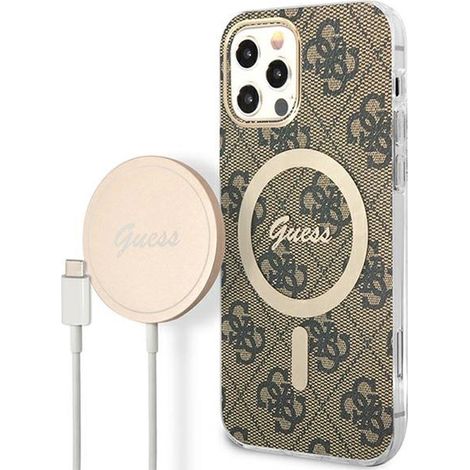 Paquete Guess MagSafe 4G - Funda + Cargador MagSafe para iPhone 12 / iPhone 12 Pro (Marrón/Oro) (1/5)