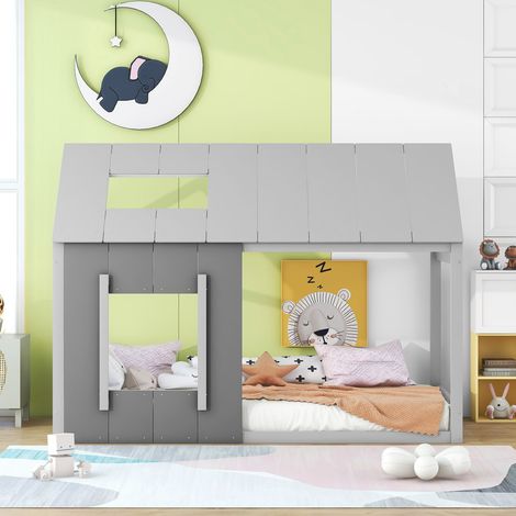 Lit enfant 90 x 200 cm cabane avec toit et fenêtres en bois gris foncé et gris clair (1/5)