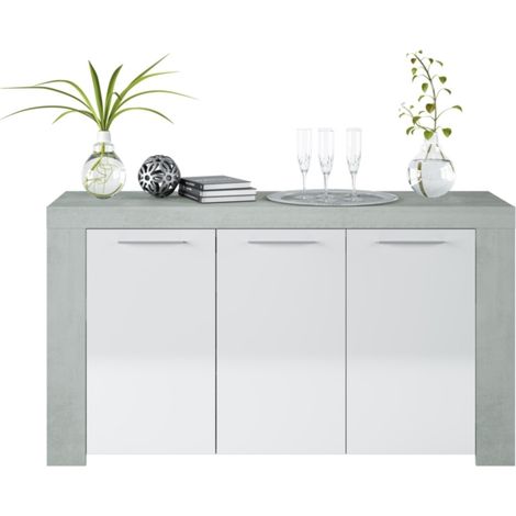 Anrichte Bellevue, Modernes Sideboard mit 3 Türen, Buffet im Wohnzimmer, Fernsehschrank, Sideboard für Wohnzimmer, cm 144x42h80, Beton und Weiß (1/5)