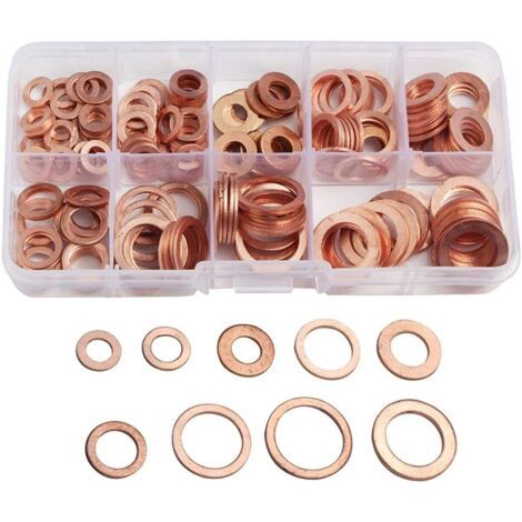 200pcs Rondelle Flat en Cuivre Ring Métriques Coffret de Rondelle Joint Assortiment 9 Tailles M5-M14 Avec Boîte Joint de Bouchon de Puisard Huile Outil Accessoires (1/5)