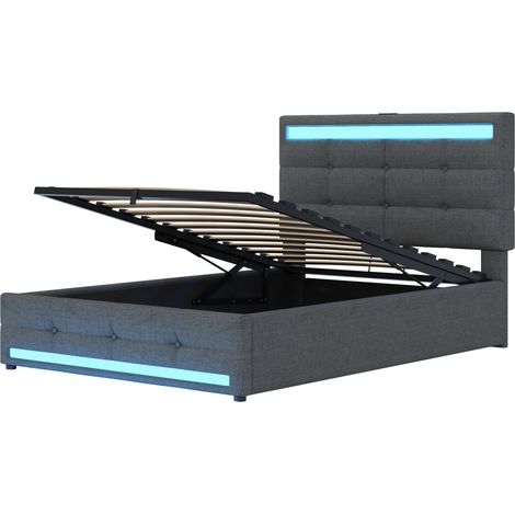 Letto singolo imbottito 90x200 cm con contenitore idraulico, LED RGB e 2 porte USB, grigio, MODENUIT (1/5)