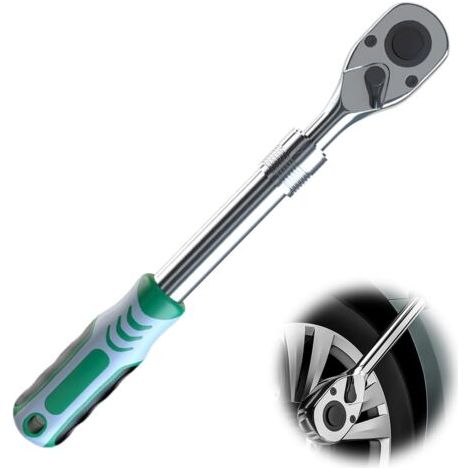 QORVA-Cle a Cliquet Télescopique à 90 Dents, 1/2 Pouce, Acier au Chrome Vanadium + Caoutchouc, Tailles Télescopiques 290-450 mm, pour L'industrie Automobile, L'industrie Marine et L'industrie (vert)