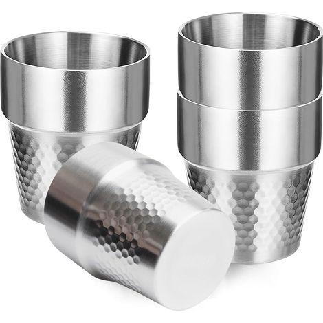 Lot de 4 gobelets en acier inoxydable argenté : gobelets en acier inoxydable de 300 ml, gobelets de camping à double paroi, verres à liqueur, chopes à bière, tasses en acier inoxydable (1/5)
