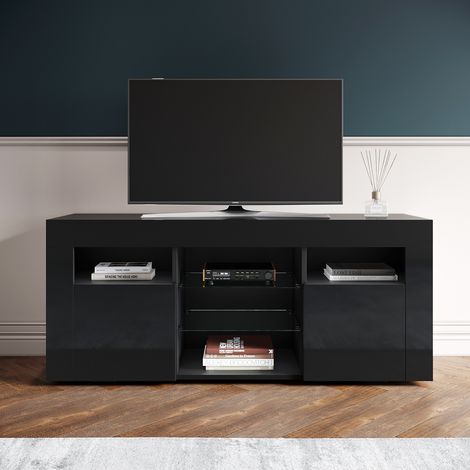 ELEGANT Modern TV Unit Cabinet Black with LED Lights High Gloss Entertainment Stand (1/5)