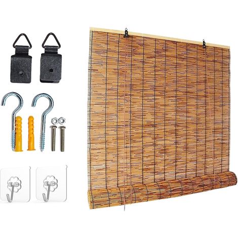 Store Enrouleur Bambou Naturel sans Perçage, Rideau Occultant Extérieur et Intérieur, Vénitien Bois pour Fenêtre Terrasse Balcon Pergola Porte, Canisse Roseau Facile à Installer(Carbonized) Carbonized