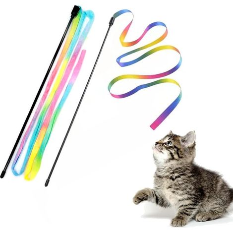 Lot de 2 jouets interactifs en forme de bâton arc-en-ciel pour chat, bâton de jeu interactif pour chat, breloque en ruban coloré (1/3)