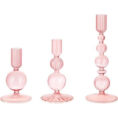Longziming - Bougeoirs - Verre borosilicate - Design vintage soufflé à la main avec rayures / Base large - Lot de 3 - Décoration de table rose (1/5)