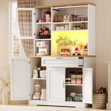 Aparador alto con isla, iluminación LED con alimentación USB, puertas de cristal, cocina/salón, 104x40x180 cm, MDF y metal, blanco (1/5)