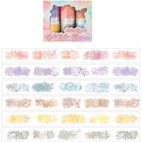 Lot de 6 rouleaux de ruban adhésif PET transparent, autocollants dégradés aquarelle, autocollants colorés prédécoupés, compatibles avec les agendas, les albums de scrapbooking, etc. (1/5)