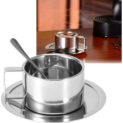 Kaffeetassen-Set Edelstahl Doppelwandig mit Untertasse und Löffel Silber