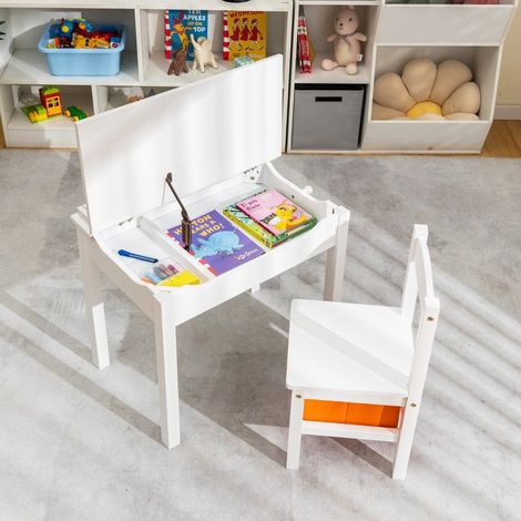 Mesa infantil silla de madera maciza con tablero plegable cajon y ganchos en blanco
