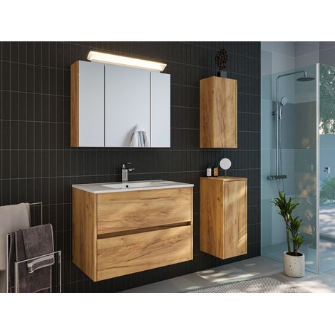 Badmöbelset Taifun 80cm 4tlg mit Spiegelschrank und2x Badschrank eiche gold