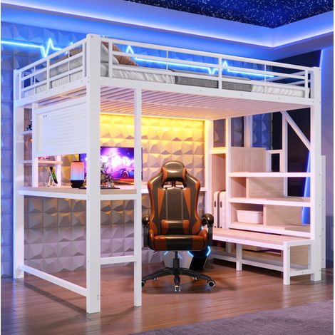 REDOM cama alta 255x145.5x170 cm, escritorio con almacenaje, LED, USB y USB C, MDF y metal, blanco (1/5)