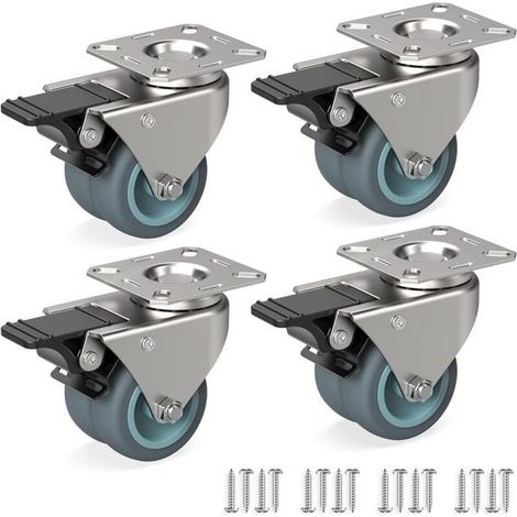 Jeu de 4 Roulettes pour meubles 50 mm - Roulettes pivotantes avec frein jusqu'à 100 kg par roue -Roulettes industrielles (SKU produit : 93819013 SKU Offre : 1029LIU15) (1/4)