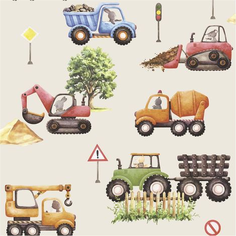 Construction Vehicles Wallpaper Beige Multicoloured Kids Bedroom Paste The Wall (1/4)