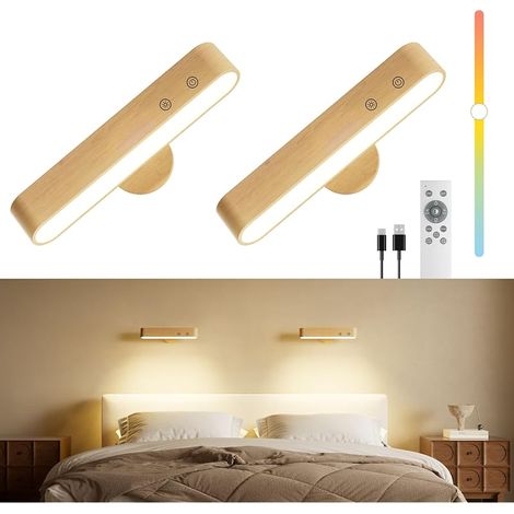 Applique murale à batterie 7500 mAh pour chambre à coucher, applique murale sans fil avec télécommande et tactile, rotation magnétique à 360° (Hêtre - 2 Pièces) (1/5)
