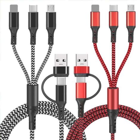 Lot De 2 Câbles Chargeur Multi Embout, Multi Usb Câble De Charge Universel 5 En 1 Usb A/C Avec Micro Usb De Type C Connecteur (1/5)