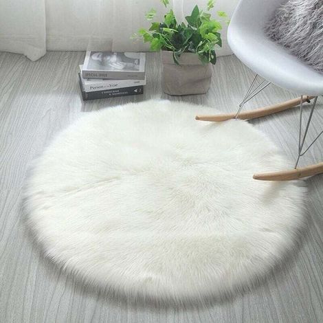 Tapis en fausse fourrure, imitation Polaire mouse Zone Tapis antidérapant Tapis de yoga pour le salon Chambre à coucher Canapé Tapis de sol (Rond blanc, 60 x 60 cm) (1/4)