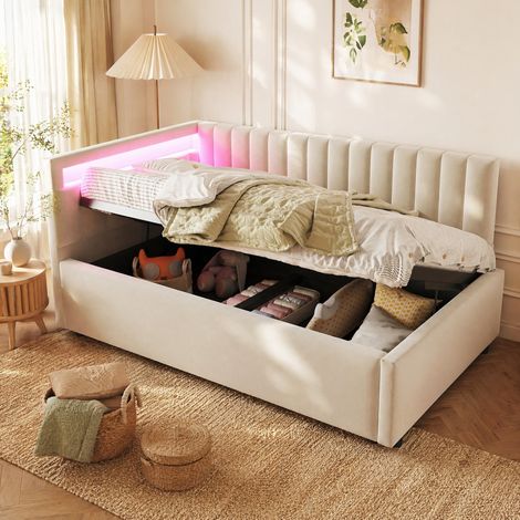 Cama 90x200 cm de terciopelo beige con LED y almacenaje hidráulico, sin colchón - CHICFURN (1/5)