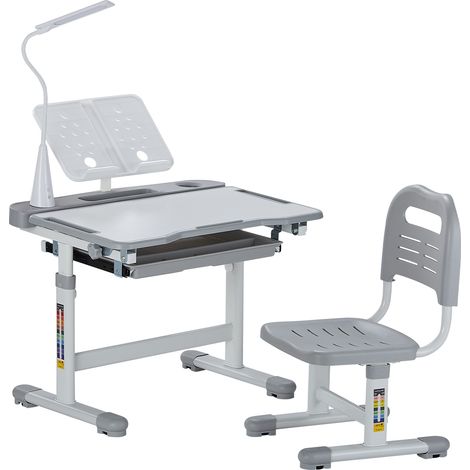 VEVOR Ensemble chaise et bureau pour enfants avec lampe de table, table et chaise deetude, hauteur reglable et inclines de 0 a 40°, pour lecture, apprentissage, pour chambre et salle deetude, gris (1/5)