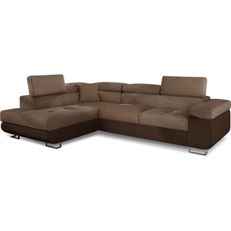 Cotecosy – Canapé d'angle convertible simili cuir et tissu – 4 places – Coffre de rangement – Appuie-têtes réglables – Marron/Marron clair (1/5)