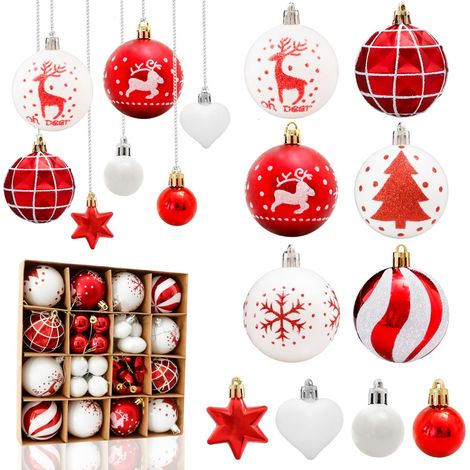 38 Pièces Boule de Noel Rouge et Blanc, 6CM/3CM Boules de Noël en Plastique avec Ornements Suspendus Incassables Boules de Noël Décorations de Sapin Intérieure et ExtérieureRouge et Blanc-38 (1/5)