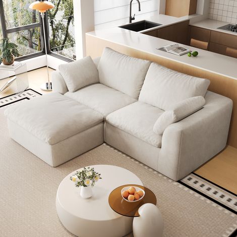 Divano angolare 3 posti 180x155x83 cm in lino beige bianco, imbottito in schiuma - MEUBLIV (1/5)