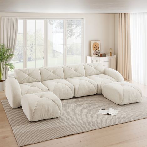 FloraGrace Canapé modulaire U 4 places, chenille beige clair, sans cadre, design bas, pour salon (1/5)