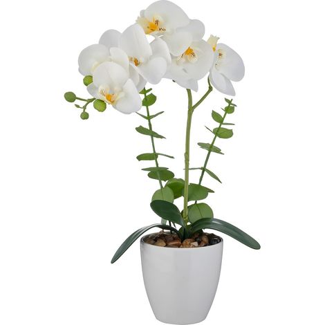 Gasper – Orchidée Phalaenopsis artificielle à 6 fleurs, blanche, Real Touch – Pot mélamine blanc 9 x 9 cm, hauteur 40 cm (1/2)